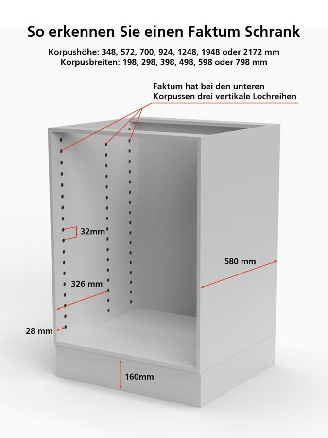 IKEA FAKTUM cabinet with dimensions and three vertical rows of holes