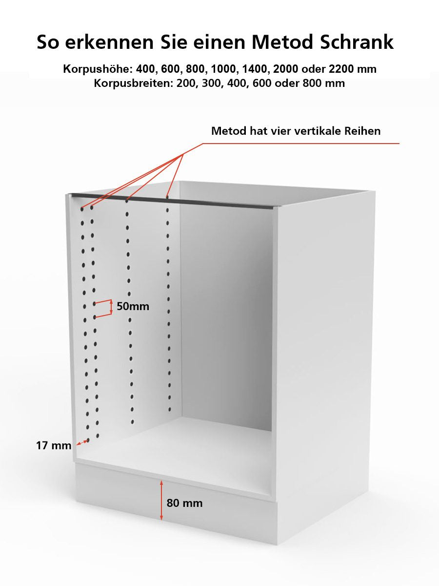 IKEA METOD cabinet with dimensions and four vertical rows of holes