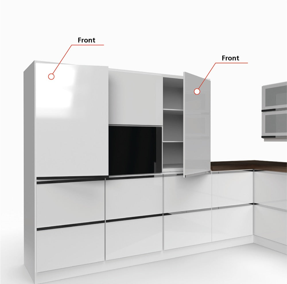 Kitchen with doors, flap door, drawer, cover panel, plinth and light strip